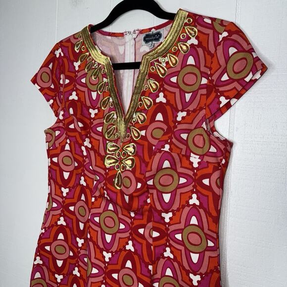 Mud Pie Women’s Jackie Dress Sheath Geometric Red Pink Gold Embroidery S 4-6 - Picture 3 of 5